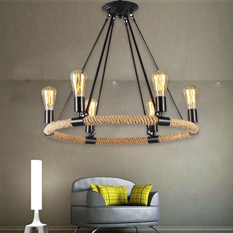 Industrial Hemp Rope During Light 6-Lights Rustic Chandelier Round Wagon Wheel Ceiling Light Fixture With Rope For Bar Warehouse Hearth Farmhouse-Black Hemp Rope 6 Head