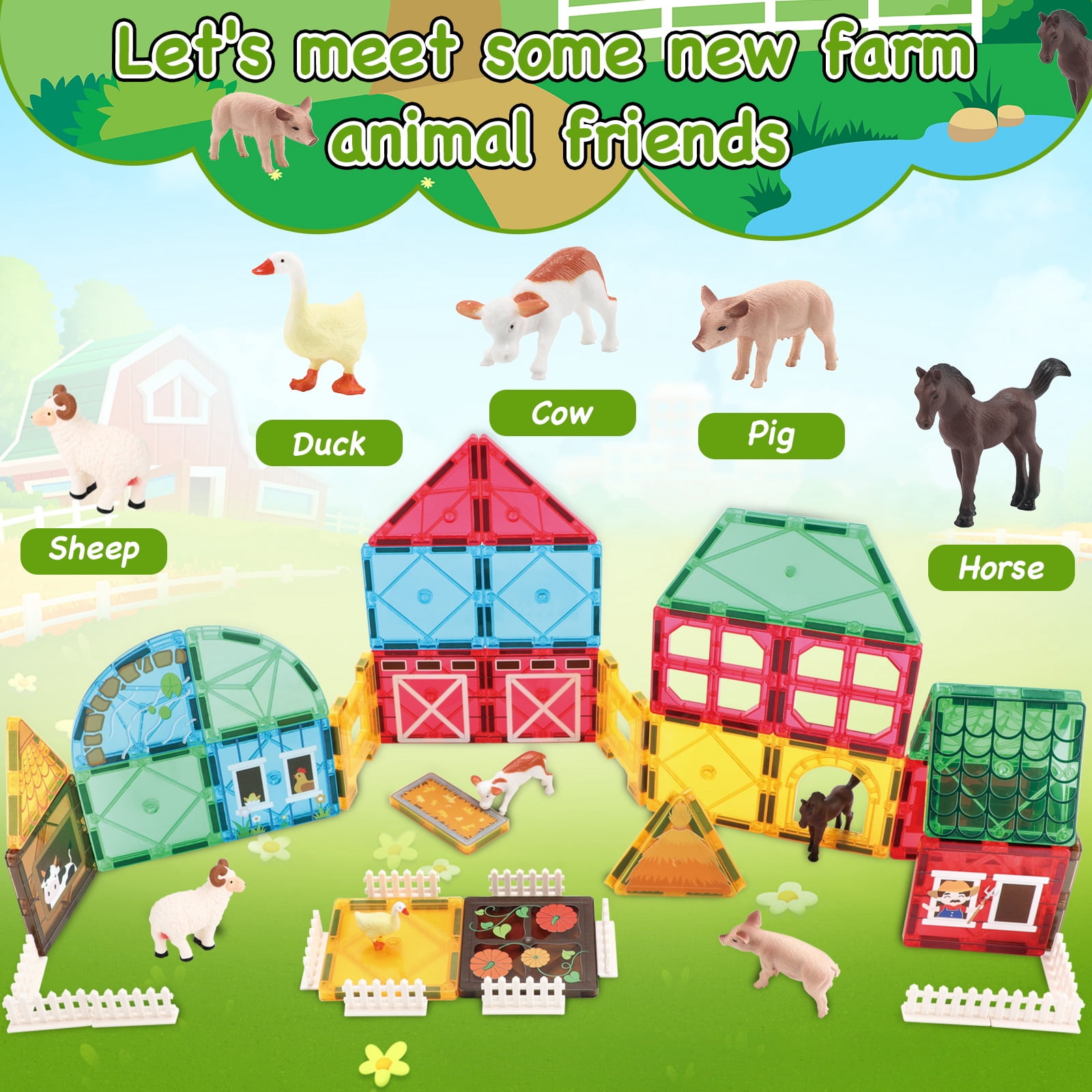 FunMagic Magnetic Tiles Farm Animal Toys Set for Toddles Kids, Montessori STEM Educational Magnetic Building Blocks for 3+ Year Old Boys Girls