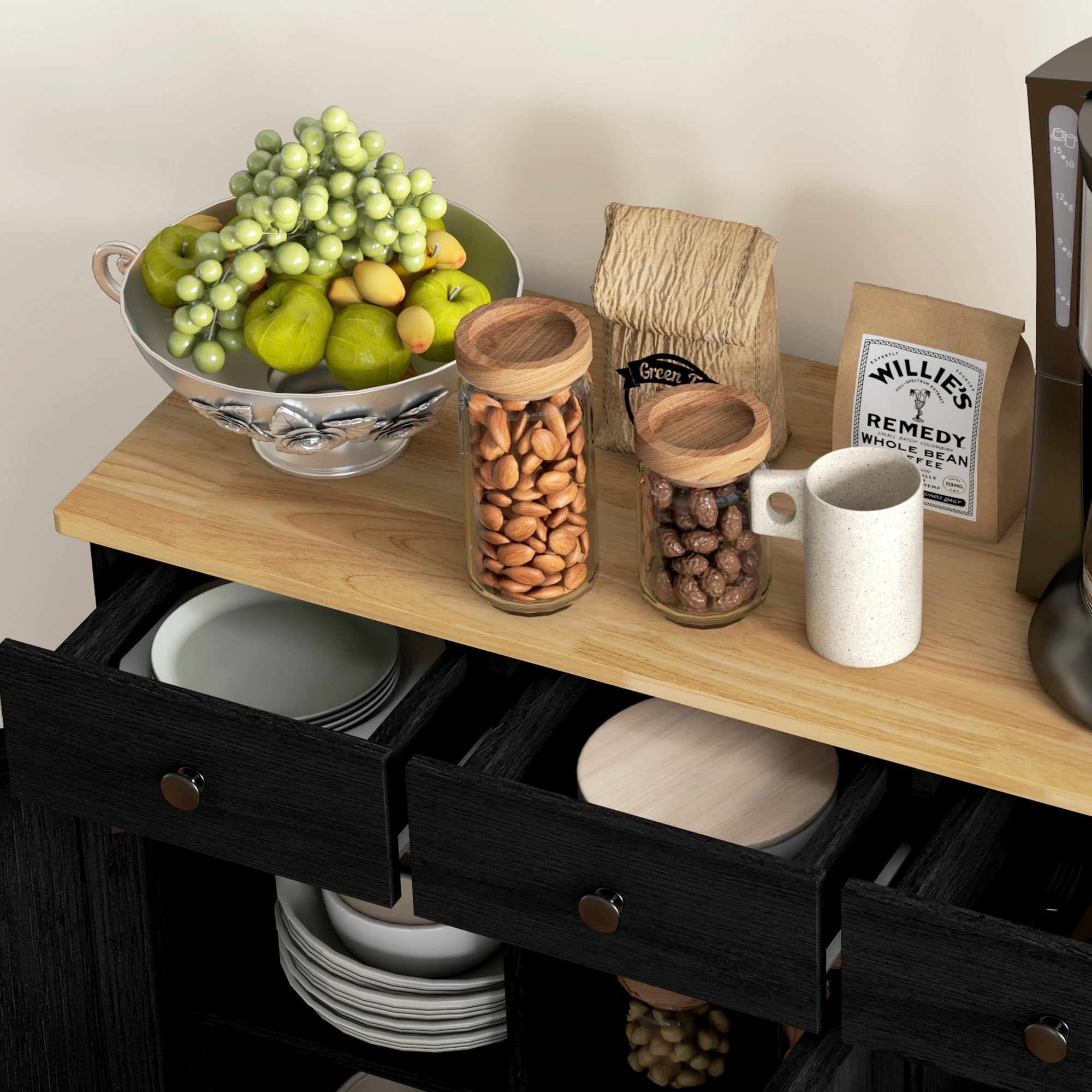 HOQBN Sideboard Buffet Cabinet with Rubberwood Top and Adjustable Shelves for Dining Room, Kitchen, Black