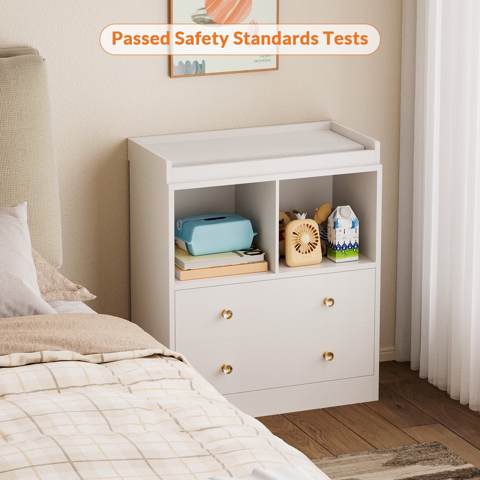 Roromall Changing Table with Pad, 2 Drawers and 2 Open Compartments for Nursery Room with Modern Diaper Changing Station, Bedroom