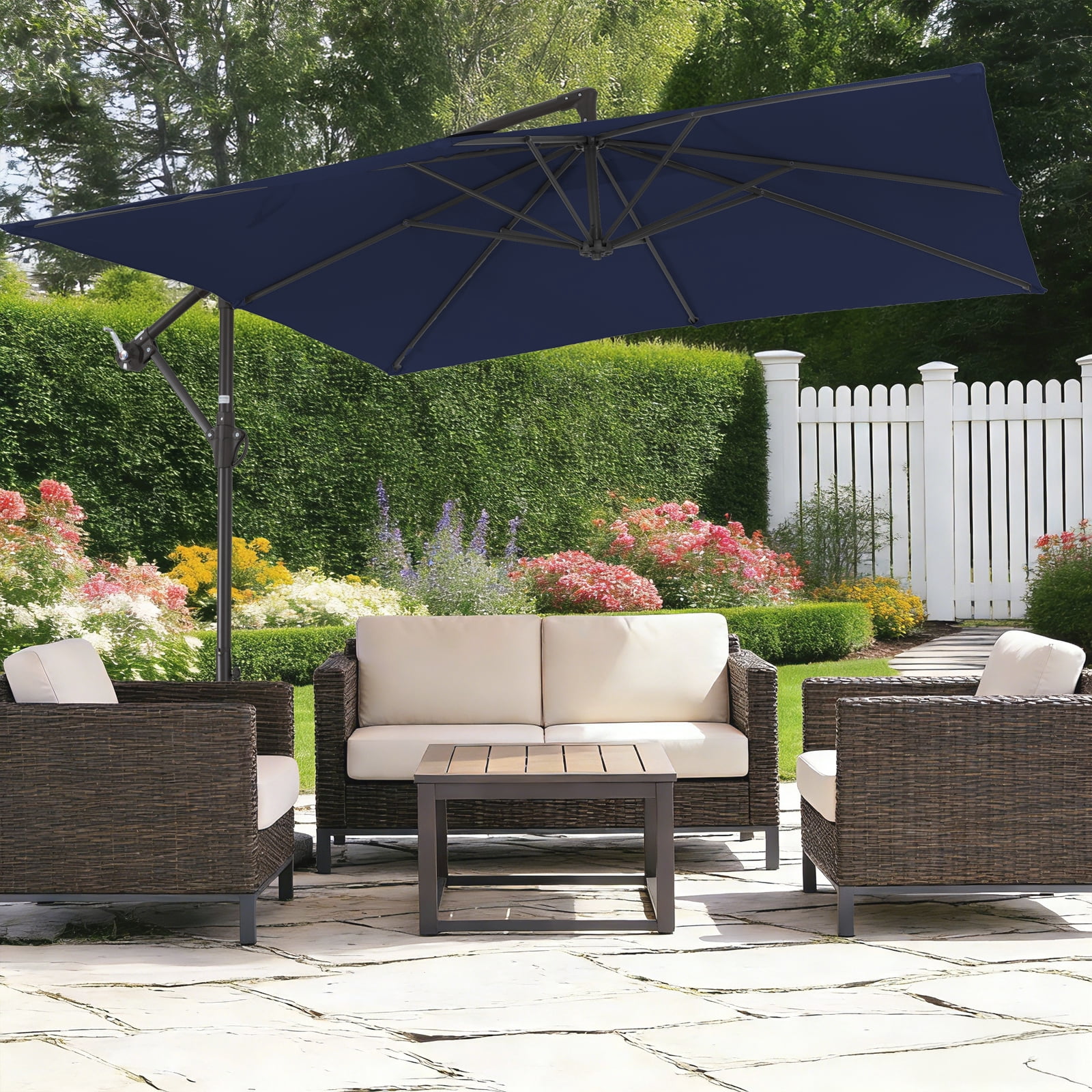 FUNDAZE 8x8ft Hanging Cantilever Patio Umbrella with Base, Square Outdoor Sun Shade with Crank & Tilt for Garden, Backyard, Deck,Navy Blue