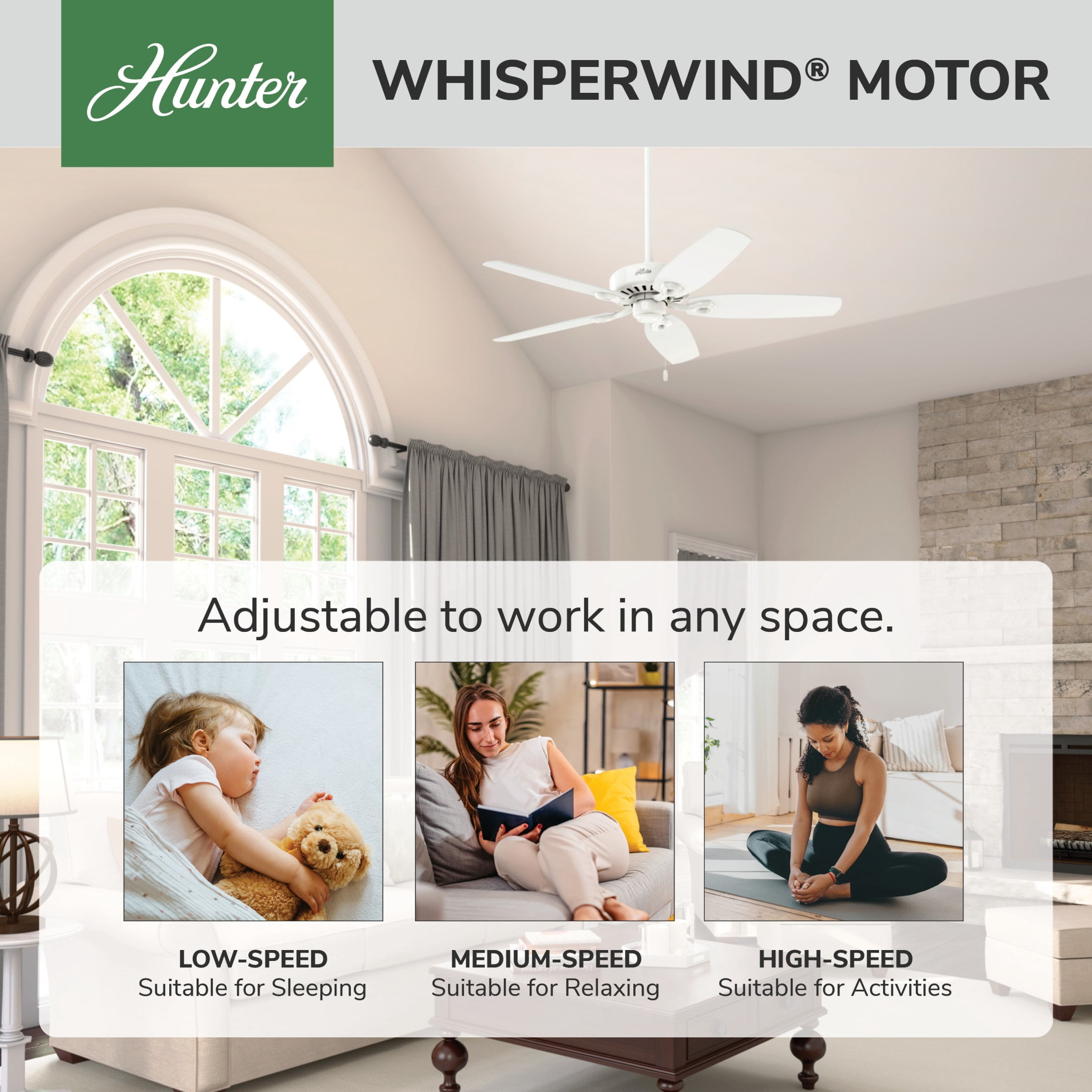 Hunter - Builder Indoor Ceiling Fan, 52-inch, Snow White, Traditional-style, 3-speed WhisperWind Motor, 53240, for living rooms, bedrooms, home offices, kitchens