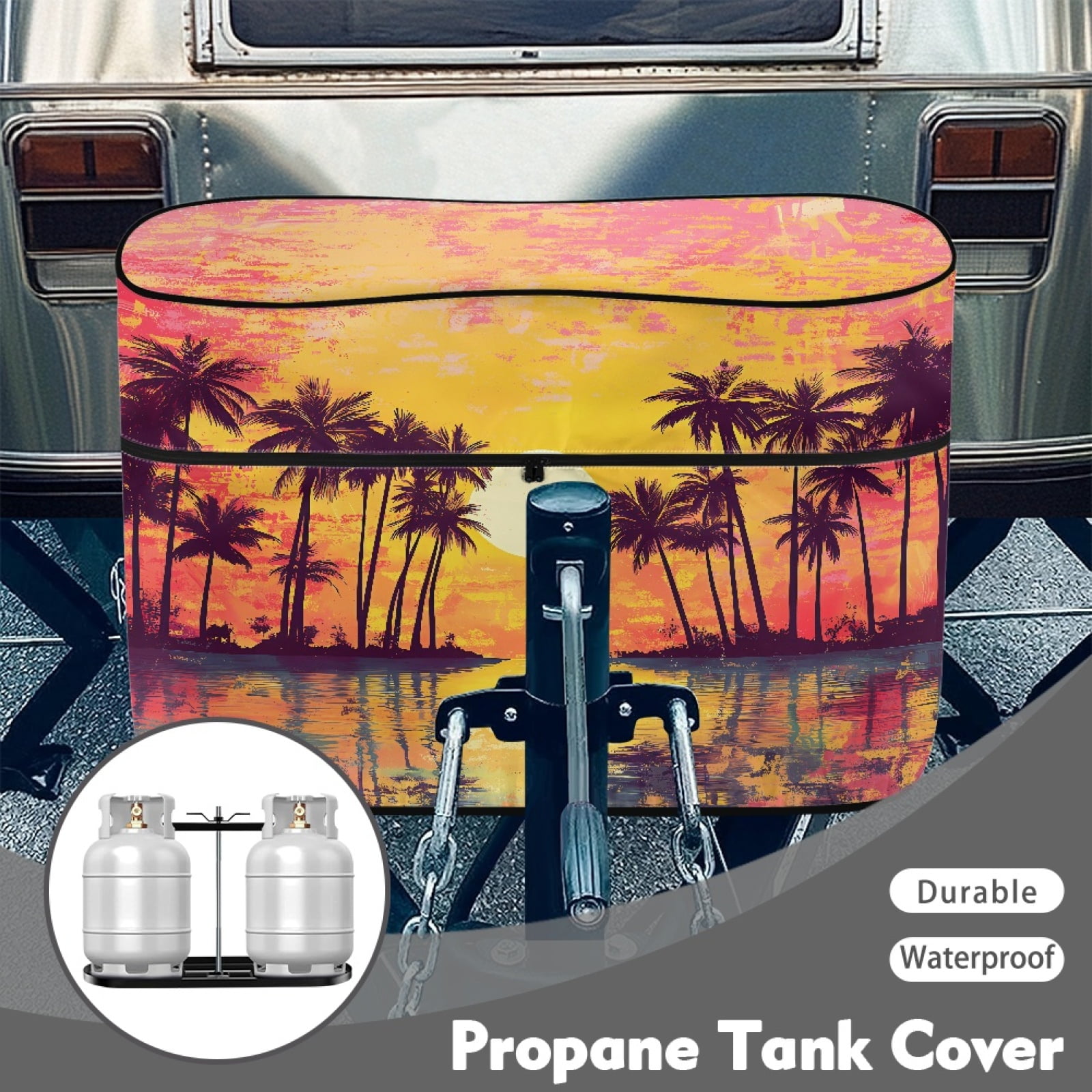 Yuyamidu Sunset Seaside RV Propane Tank Cover 20LB, Coconut Tree Camper Propane Tank Cover, Weather Resistant Sun Protection RV Trailer Travel Camper Accessories