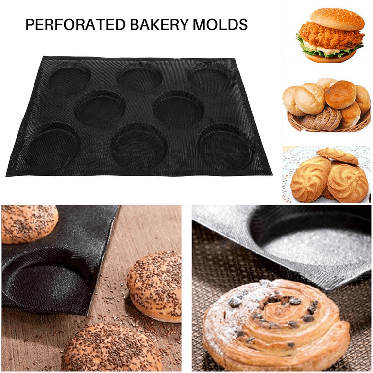 8 Holes Hamburger Bun Pans for Baking Mesh Silicone Bread Pans for Baking  Non Stick Perforated Baking black 