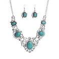 thumbnail image 1 of Conjunto de collar y pendientes de aleación de alta gama con temperamento para mujer, con patrón turquesa retro y cadena de clavícula, 1 of 5
