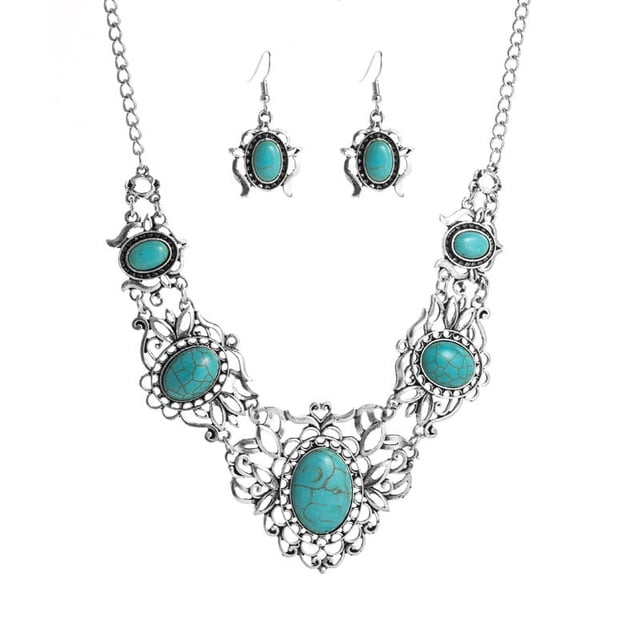 Conjunto de collar y pendientes de aleación de alta gama con temperamento para mujer, con patrón turquesa retro y cadena de clavícula
