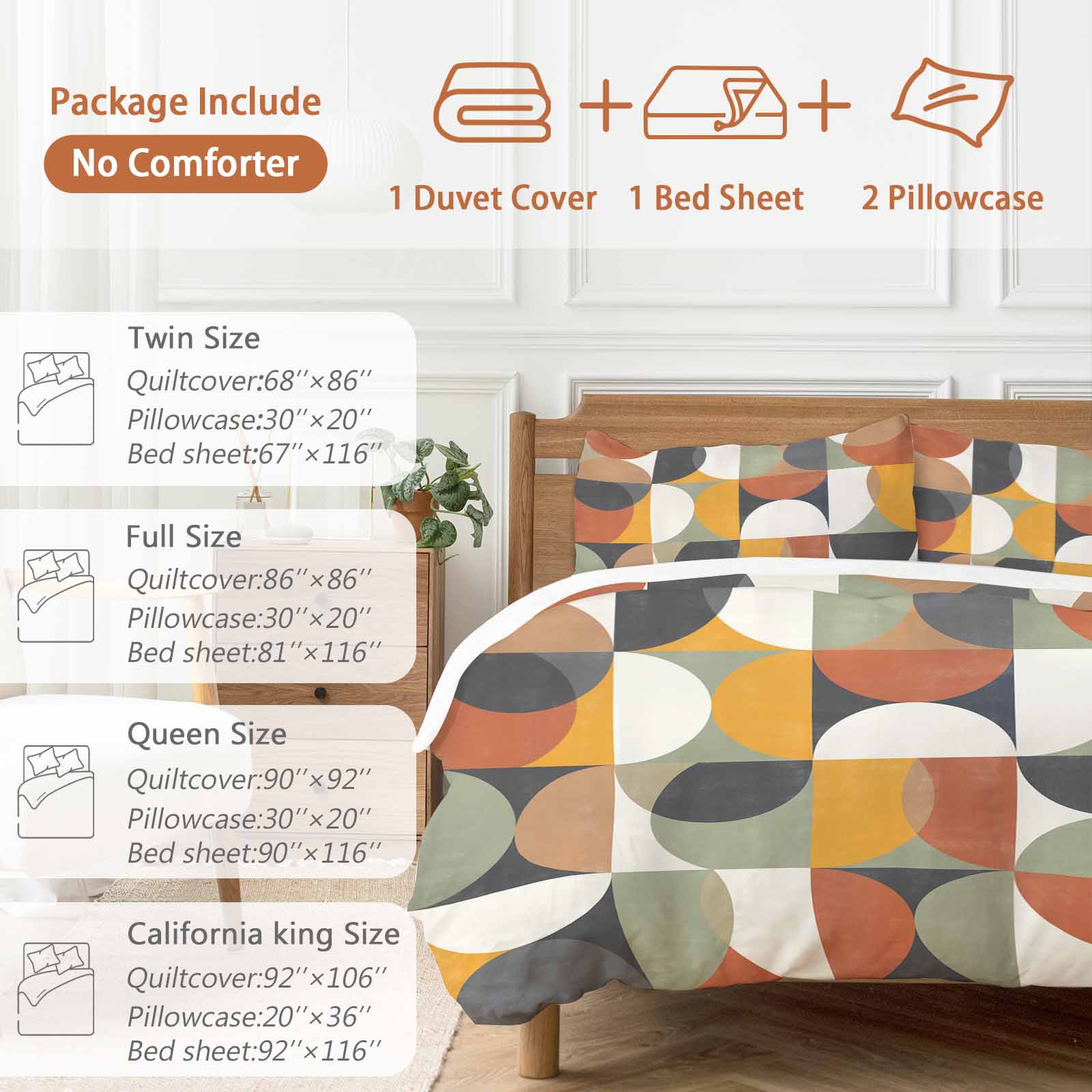 Mid-Century Modern Duvet Cover Set King Size, Abstract Geometric Semicircle Green 4 Piece Soft Microfiber Bedding Set with 1 Duvet Cover, 1 Flat Sheet, 2 Pillowcases