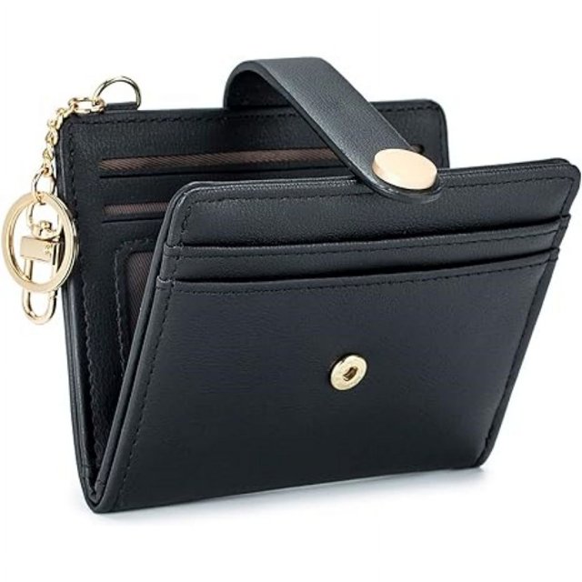 (Negro) Cartera delgada para mujer, tarjetero plegable de piel sintética con llavero, tarjetero plegable con bloqueo RFID con bolsillo para monedas con cremallera, ventana de identificación y llaver