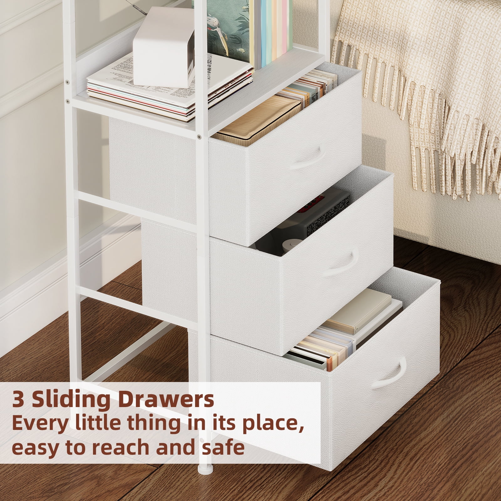 Eunos 6 Tier White Bookcase with Drawers, 3 Removable Drawer Ladder Bookshelf, Bedroom Study