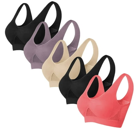BLTIBY 5PC Womens Seamless Sports Bras No Underwire Push Up Bra Solid Color Supportive Full Coverage Everyday Lingerie with Removable Pads Regular and Plus Size Khaki L