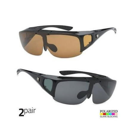 2 PC Polarized Sunglasses Cover Put Wear fit over Prescription Driving Brown B