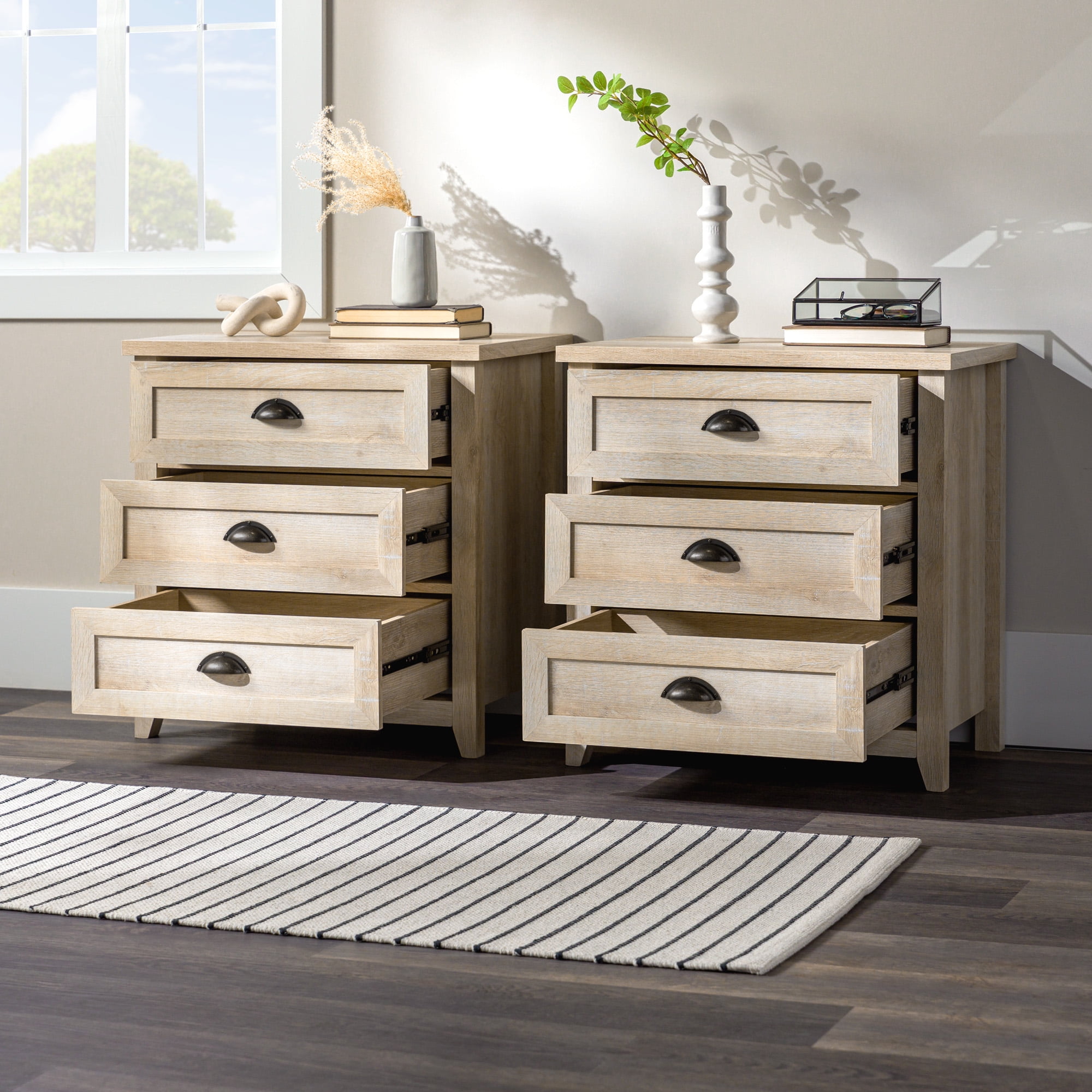 Walker Edison Farmhouse 3 Drawer Nightstand, Set of 2, White Oak