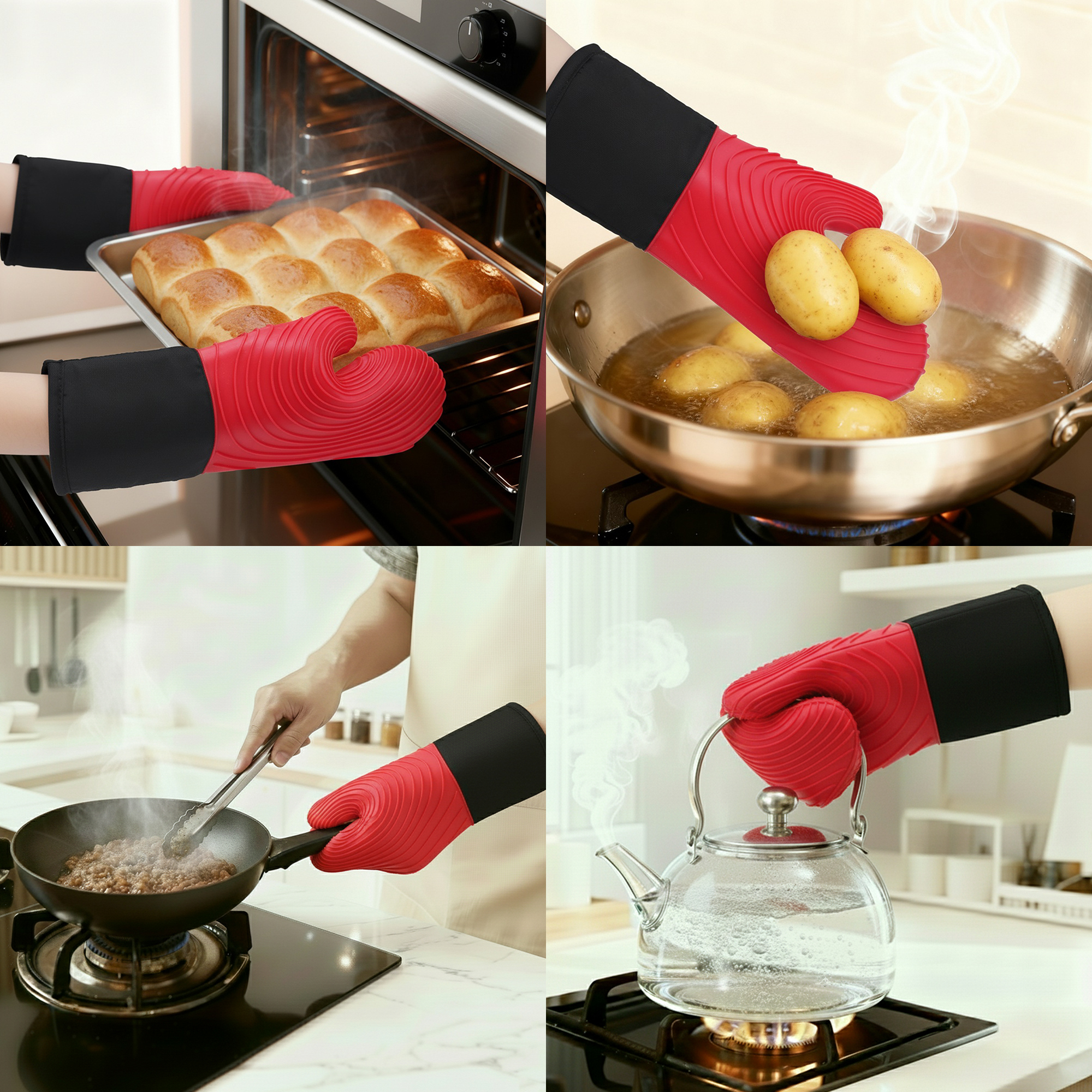 Unique Bargains Cotton Oven Mitts Heat-Resistant Cooking Gloves Red 13.4x7.1inch