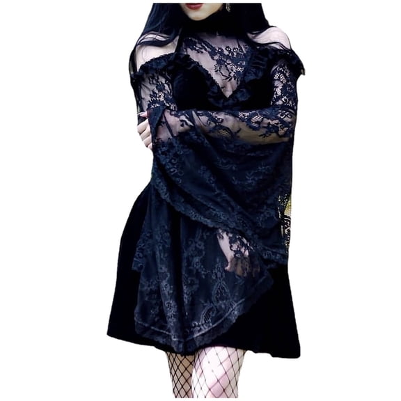 TIHLMK Fairy for Women Fashion Women Long Sleeve V-Neck Lace Patchwork Knee-High Dress Lace Ladies Dress Black