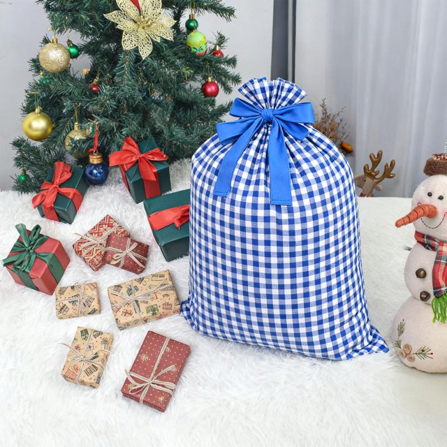 Feltree Christmas Plaid Drawstring Gift Bag Large 27x20 Inch Reusable Fabric Storage for Holiday Decorations and Gifts