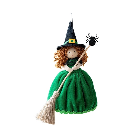 Halloween Hanging Witch Doll with Broom Outdoor Decor Green 1pc