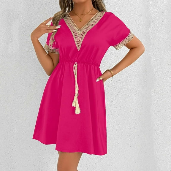 Dress for Women Plus Size Short Sleeve Drawstring Waist V-Neck Lace Solid Trimmed Mini Dress Bohemian Dresses