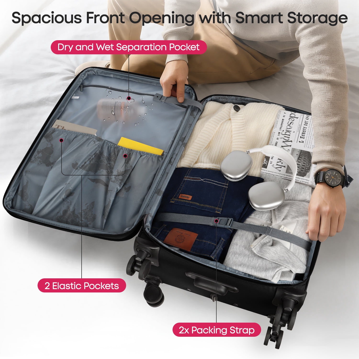 New York Xpress 28" Softside Expandable Checked Luggage, Lightweight Spinner Suitcase with TSA Lock, Black - WD8817