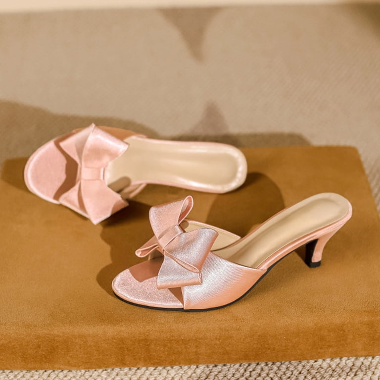 pink prom dress shoes Chenyee Women's Open Toe Bow Mule Heels Comfortable Wedding Bridal Kitten Heeled Slide Sandals Prom Dress Shoes for Evening Party Pink Size 8