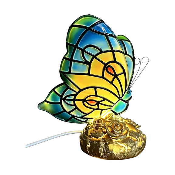 Butterfly Stained Glass Table Lamp, Holiday Home Accent, Resin LED Night Light, Colorful Vintage Shade, Warm Ambient Glow, Christmas Gift Decor For Bedroom Desk Shelf