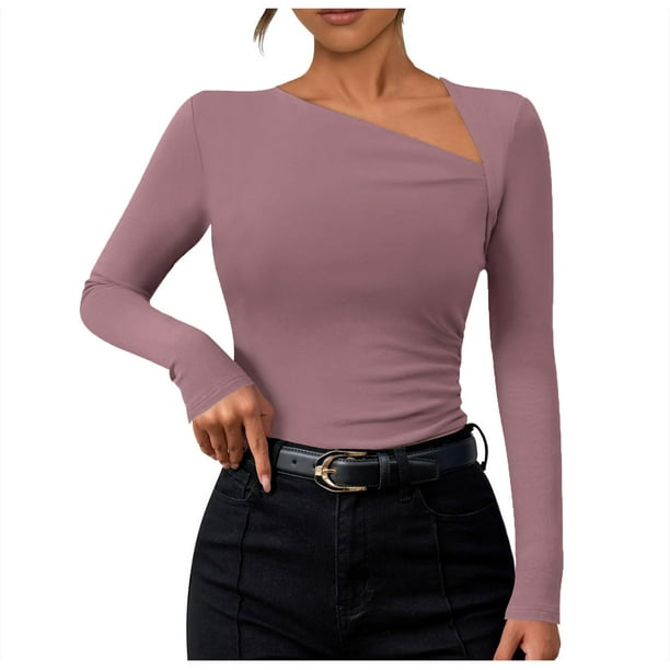 Top de punto de manga larga con escote asimétrico para mujer - Corte ajustado, diseño acanalado - Ropa informal/de fiesta - Mezcla de poliéster y spandex - Tallas S-XL