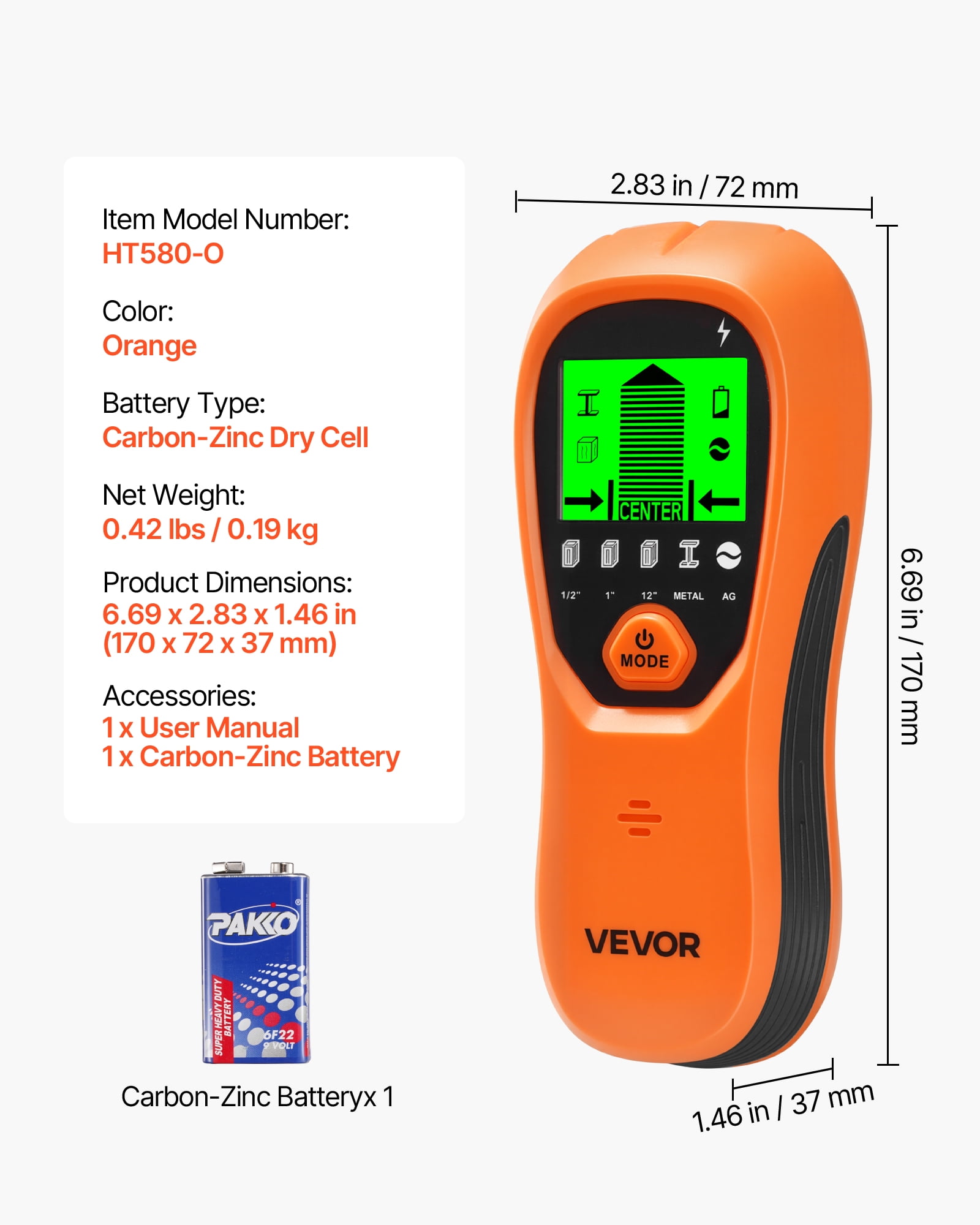 VEVOR Stud Finder Wall Scanner, 5 in 1, Electronic Wall Stud Detector with Smart Sensor, High-Definition LCD Display and Audio Alarm, for the Center and Edge of Metal, AC Wire, Joists, Pipes, Orange
