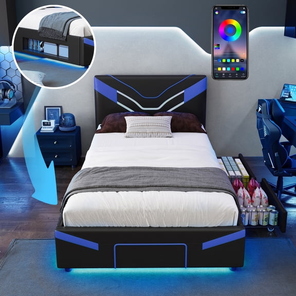ChenyueFurn Twin PU Leather Gaming Bed Frame with LED & 2 Drawers,Blue