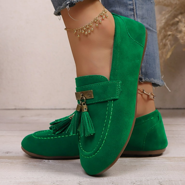 Rokment Tassel Suede Oxfords Dress Shoes for Women Spring Fall Fringe Slip on Ballet Flats Penny Loafers Walking Shoes, Adult Unisex, Size: 8, Green