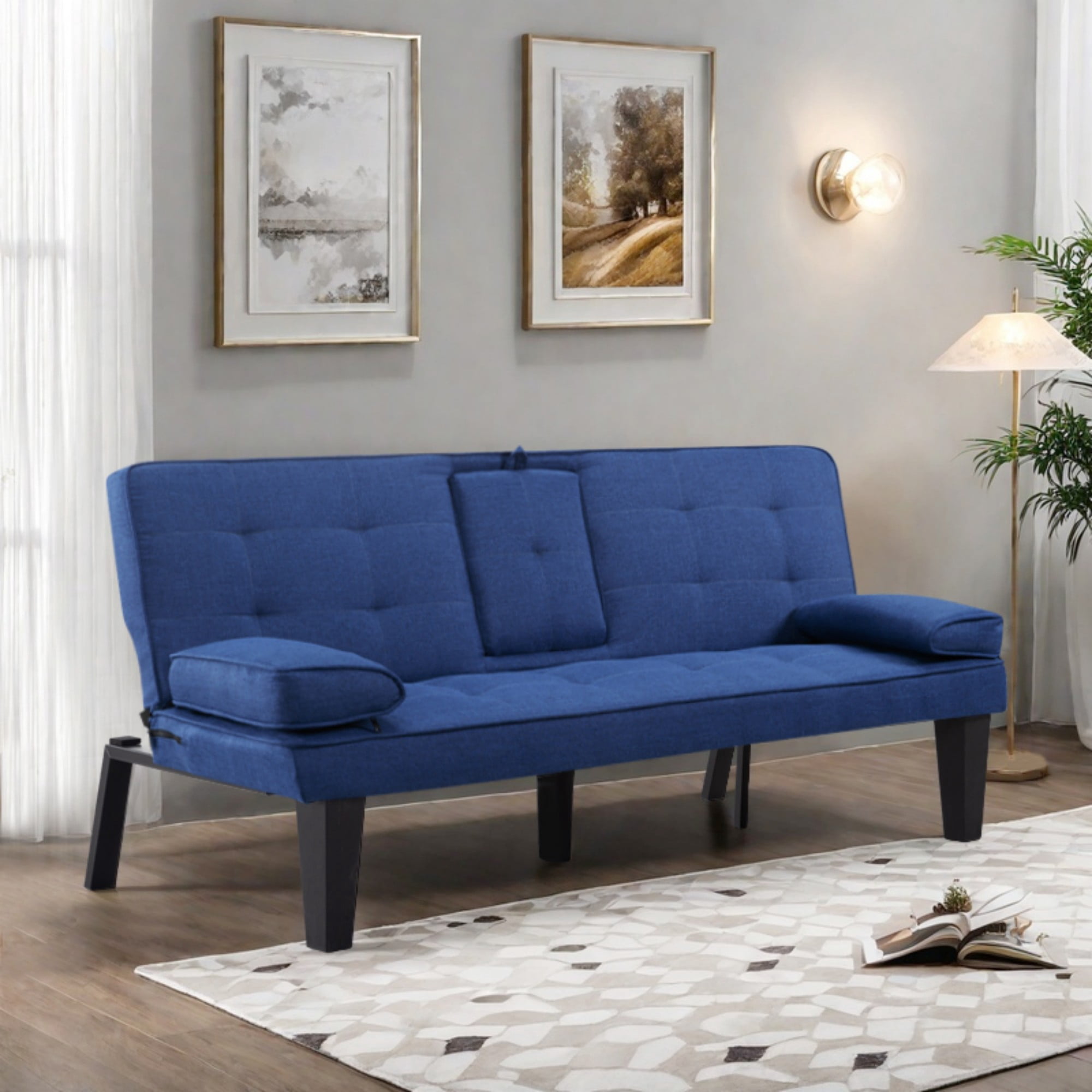Gewnee 65" 3‑in‑1 Convertible Futon Sleeper Sofa,Polyester Foldable Sleeper Couch with Adjustable Backrest,Sofa Bed with Cup Holders for Small Apartments & Office，Navy Blue