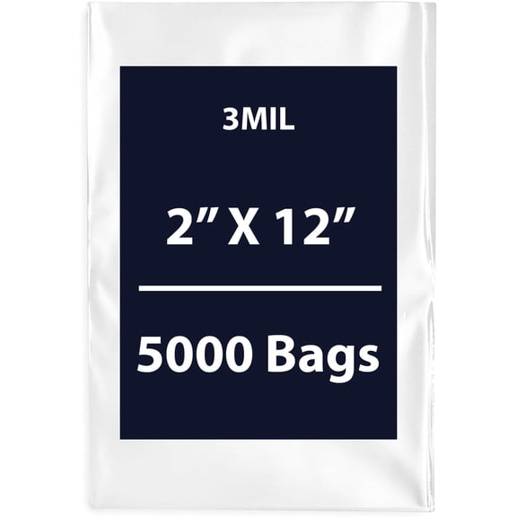 Clear Flat Poly Bags, 3Mil 2" X 12" & 5000 Bags | Low-Density Polyethylene (LDPE), Flat Open Top Plastic Packaging Packing | Flexible and Durable Plastic Bags
