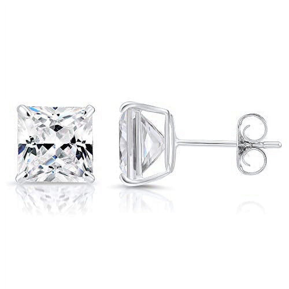 Tilo Jewelry 14k White Gold Princess Cut Square CZ Stud Post Earrings with Push-Backs (8MM) - Women, Men, Unisex