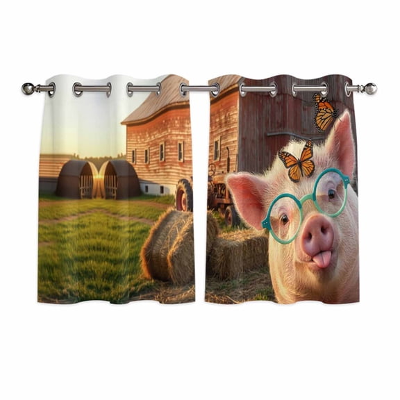 Farm Pig Kitchen Curtains Window Panels, Farmhouse Barn Funny Animals Butterfly Insulated Window Treatment Curtain, Grommet Curtains for Bedroom/Living Room/Bathroom, 2 Piece 42"Wx45"L