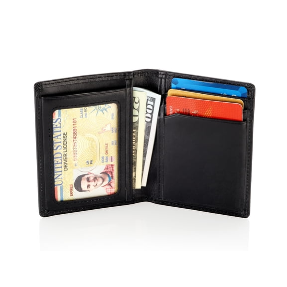 Men's Slim Front Pocket Wallet - RFID Blocking, Thin Minimalist Bifold Design, Genuine Leather - ID Badge Window and 5 Sleeves for Money, Credit and Debit Cards, Driver's License (Black)