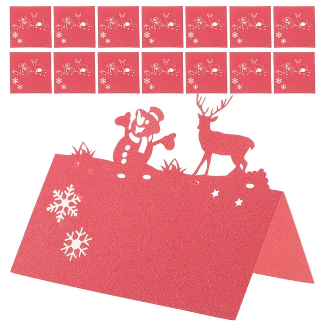 50 tarjetas de mesa navideñas con diseño de reno y muñeco de nieve. Ideales para marcar los lugares de la mesa.