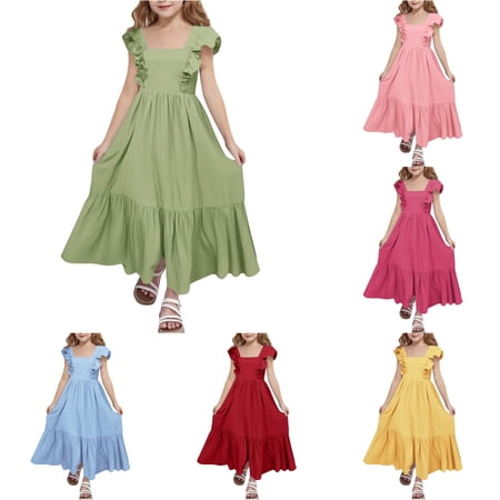 Girls Summer Dress Elegant Square Neck Sleeveless Backless Party Casual Outfit Summer Dresses Casual 8-9 Years