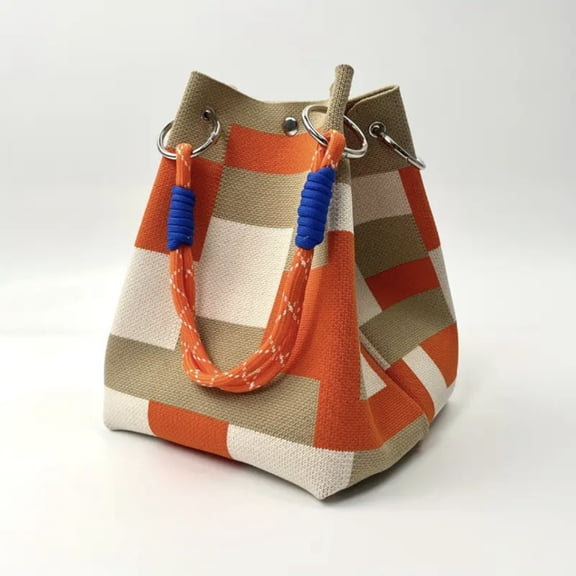 Lusa Vintage Stripe Color Block Knit Tote Bags for Women Fashion Simple Woven Bucket Bag Comfortable Durable Polyester Fixed Strap for Work & Commute Daily Use F One Size