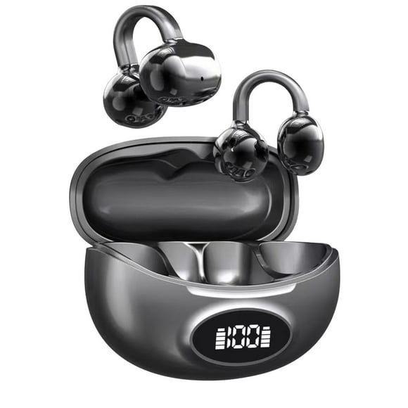 Black Clip On Bluetooth Earphones 5.4 Wireless Open Ear Headphones With Noise Reduction Dual Mic Comfortable Fit For Sports Running Workout 3.70 Oz