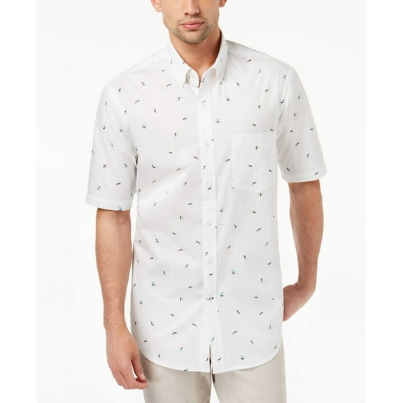 Club Room Mens Surfer Printed Shirt Bright White L