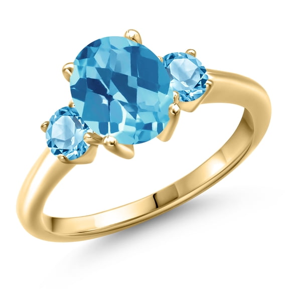 Gem Stone King 10K Yellow Gold Swiss Blue Topaz Engagement Ring for Women | 2.96 Cttw | Oval Checkerboard 9X7MM | Gemstone November Birthstone | Size 5