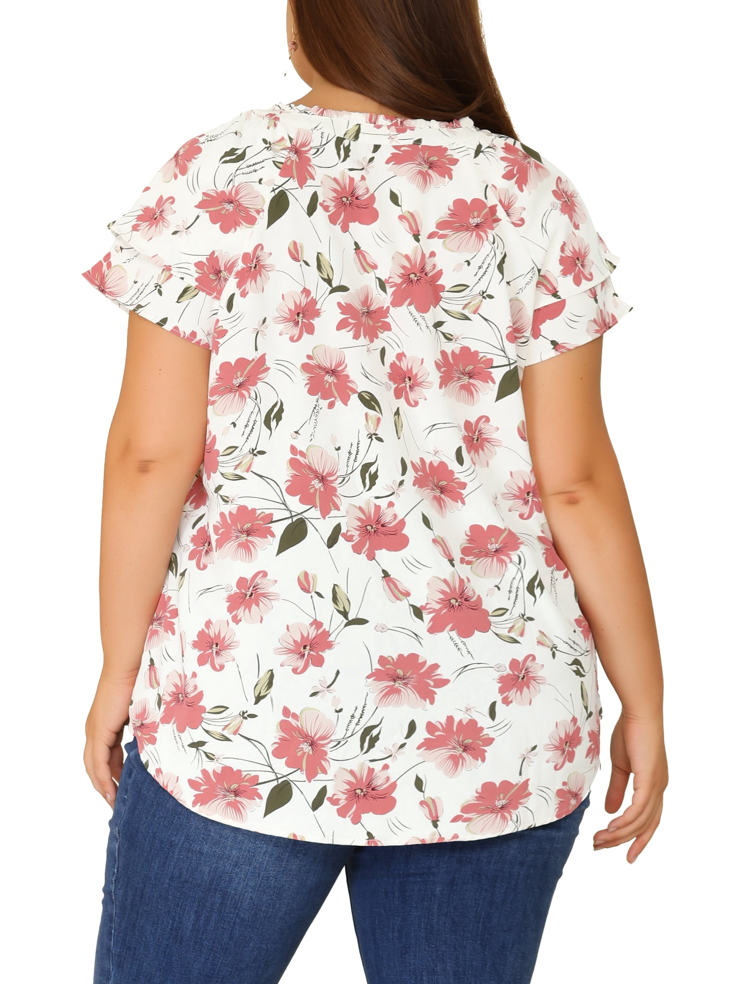 Unique Bargains Women's Plus Size Layered Sleeve V Neck Floral Tops Tunics 2X Pink White