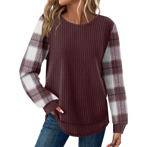 Long Sleeve Tops for Women Loose Fit Dressy Waffle Knit Shirts Trendy Fall Fashion Crewneck Curved Hem Sweaters Wine L