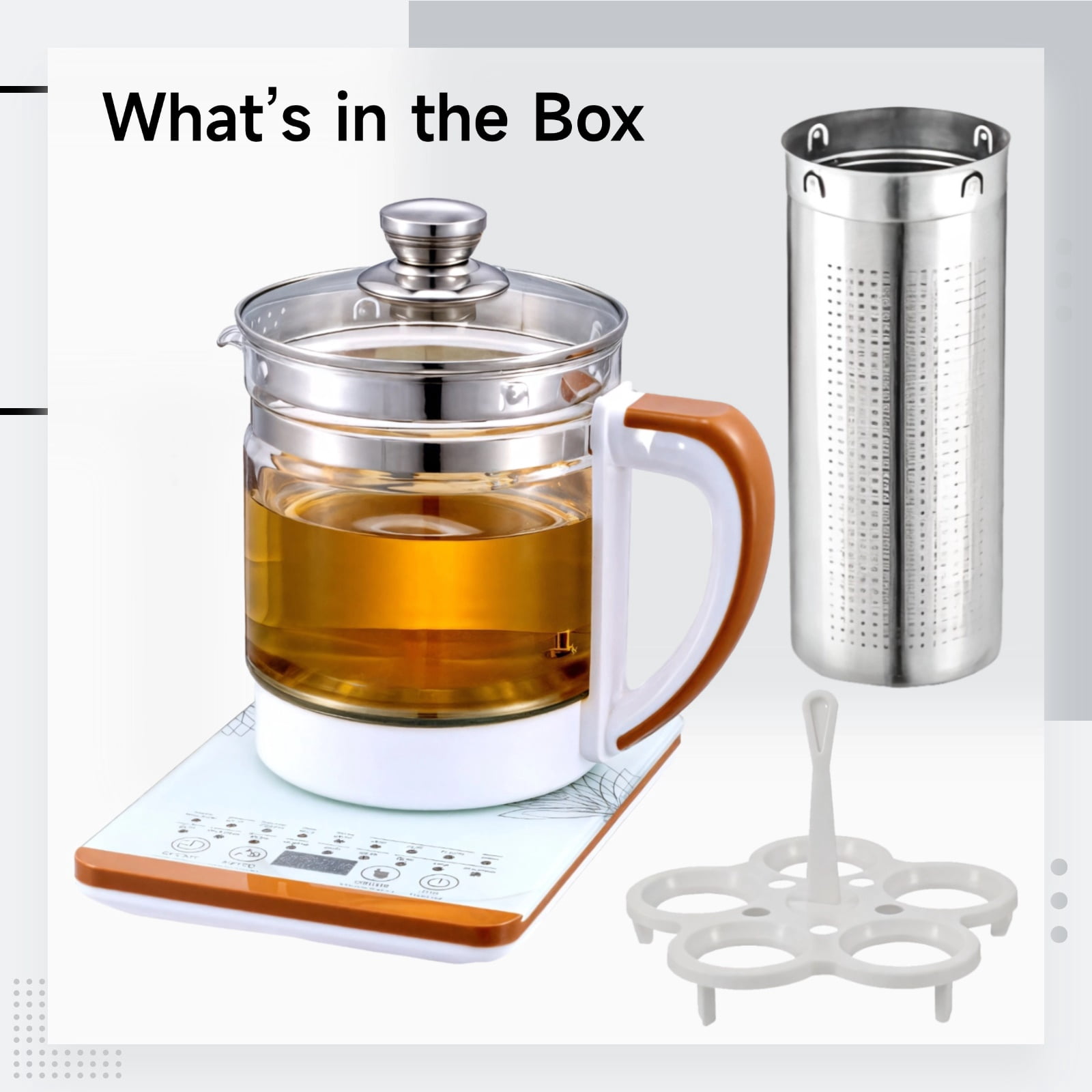 Electric Kettle with Tea Infuser, Multi-Function Glass Tea Pot, 2L, Touch Control, Includes Egg Rack, Filter, and Induction Heating Base, Great for Tea Brewing, Steaming, Cooking