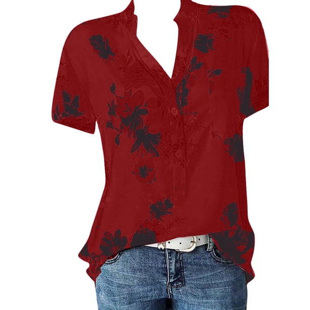 Gibobby Blusas Holgada Plus Impresión corta Camisa de manga fácil Tamaño Top Blusa Mujer Bolsillo Blusa de mujer(Vino, M)