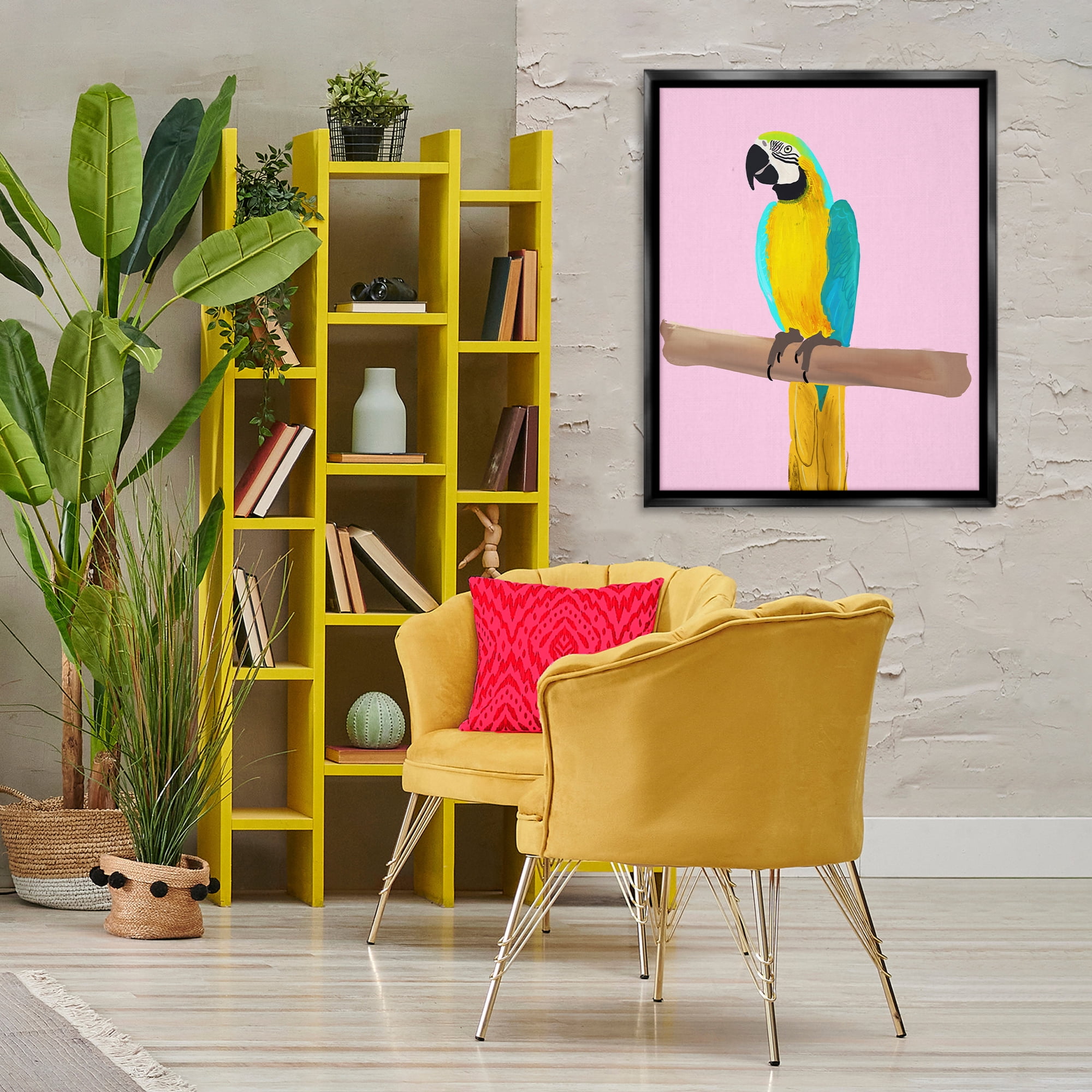 Stupell Industries Bright Parrot on Pink Animals Painting Black Floater Framed Canvas Art Print Wall Art, 25 x 31