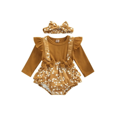 

Gureui Kids Baby Girls Romper Set Long Sleeve Crew Neck Flower Print Patchwork Romper with Bowknot Hairband