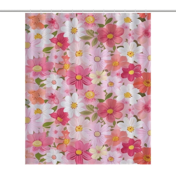Floral Colorful Flower Waterproof Polyester Quick-Drying Shower Curtain for Bathroom with 12 Hooks