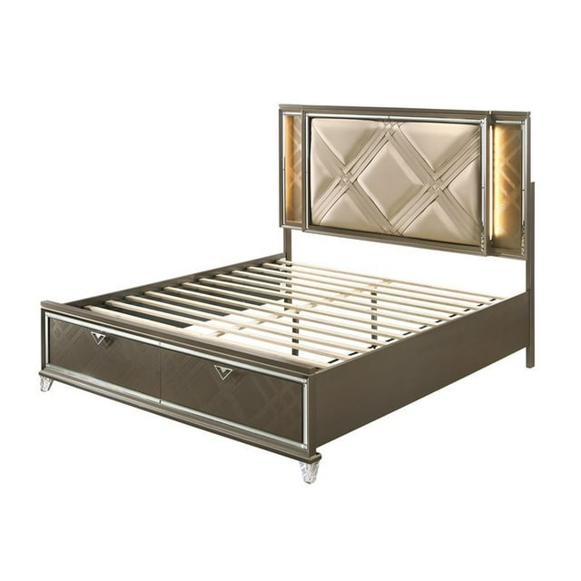 Skylar Queen Bed with Storage in LED in PU and Dark Champagne