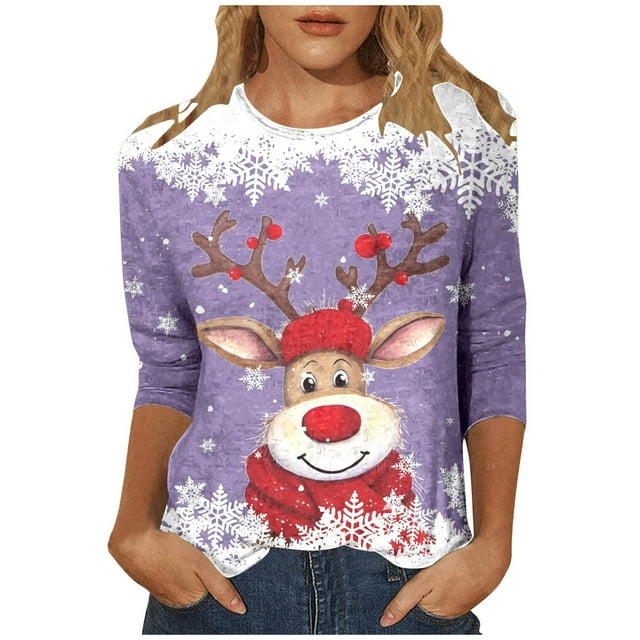 Haut à Col Rond Imprimé de Noël pour Femme, Décontracté, Ample, Manches 3/4, T-Shirt, Haut