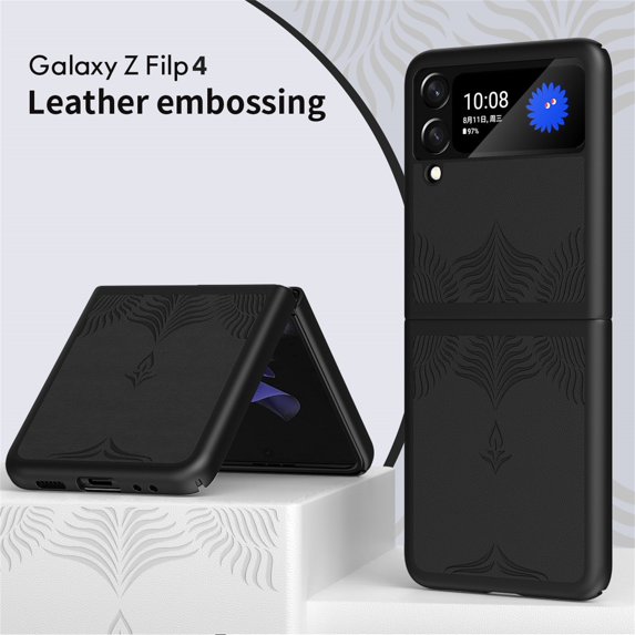 SaniMore for Samsung Galaxy Z Flip 4 6.7" 360° All-Inclusive Folding Embossed Case, Rugged PC & PU Leather Lightweight Anti-Fingerprint Military Grade Shockproof Protective Cover, Black