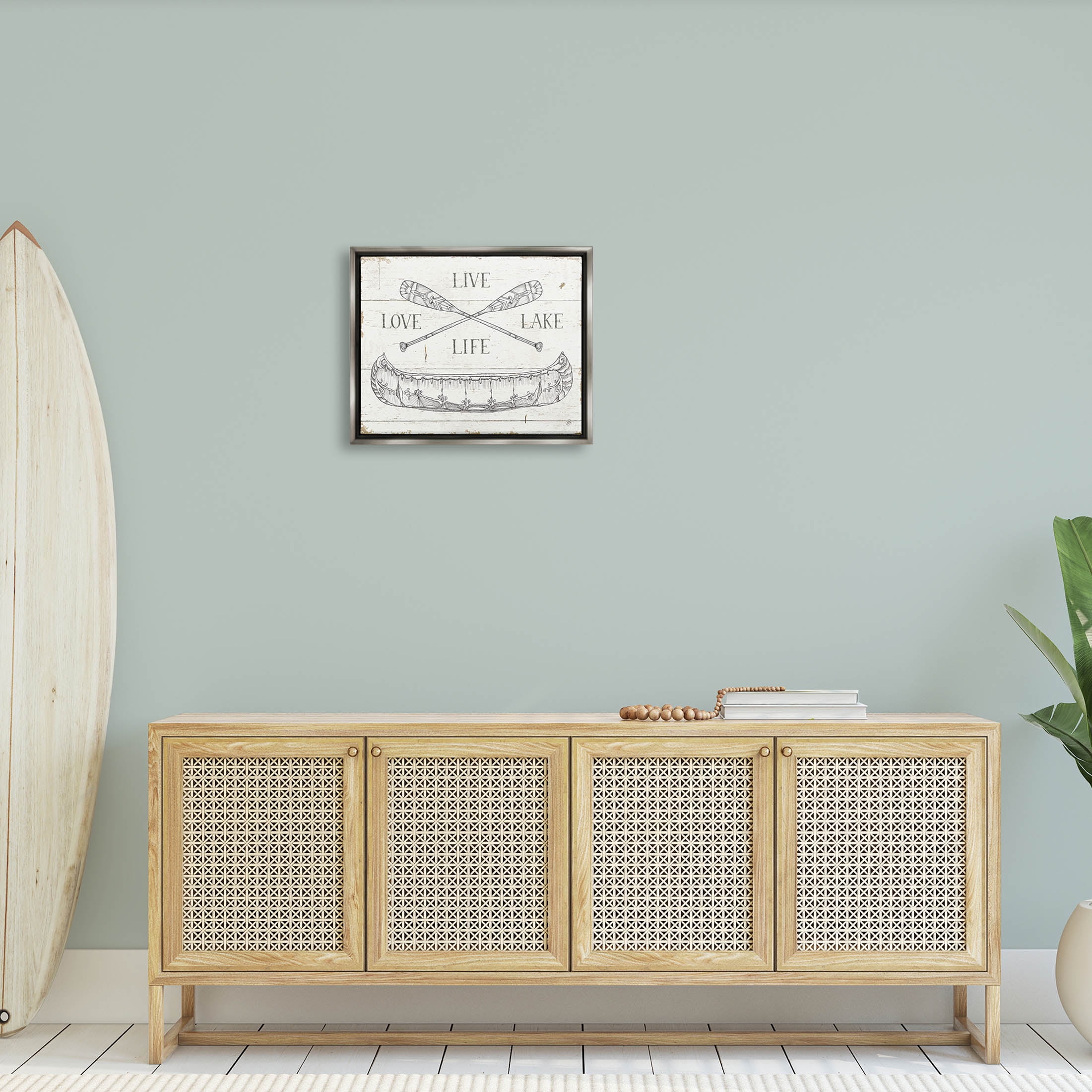 Stupell Industries Live Love Lake Rustic Canoe Oars Graphic Art Luster Gray Floating Framed Canvas Print Wall Art, Design by Daphne Brissonnet